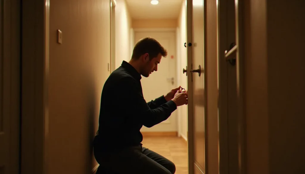 Serrurier en plein dépannage serrure devant une porte d'appartement dans un couloir d'immeuble à Lyon