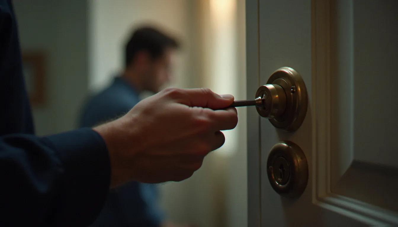 Mains d'un serrurier ouvrant sans casse une porte claquée pendant que l'occupant attend en arrière-plan