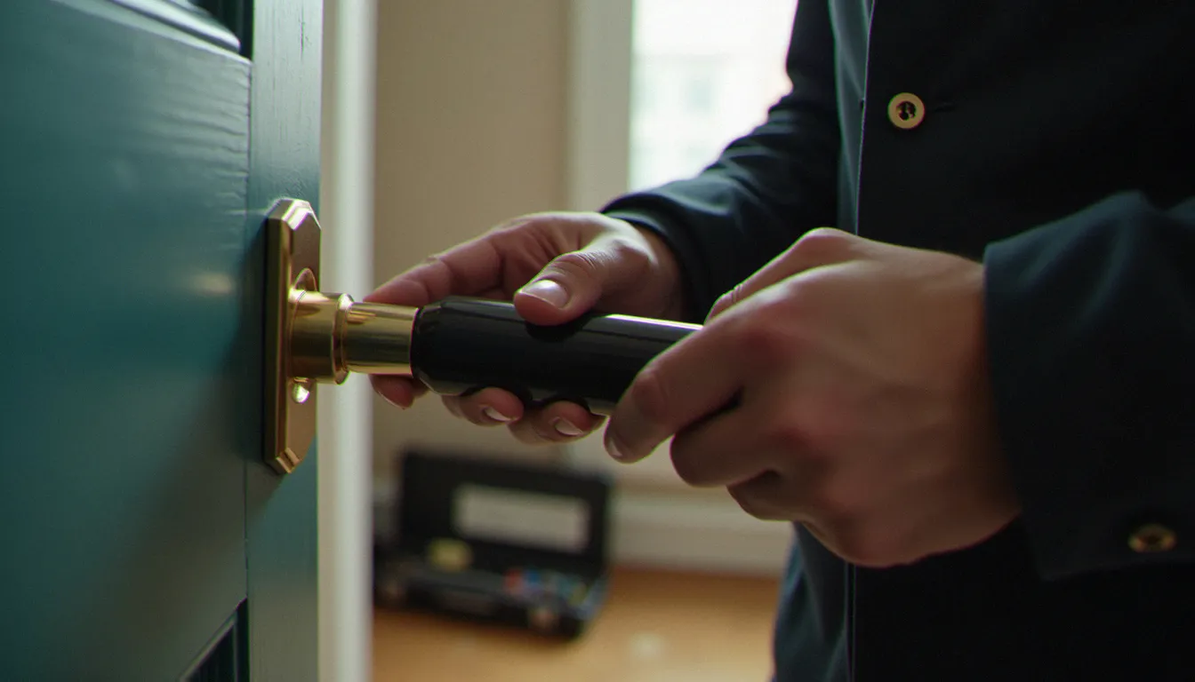 Mains d'un serrurier ouvrant une porte palière avec un outil professionnel, illustrant les prix selon l'intervention