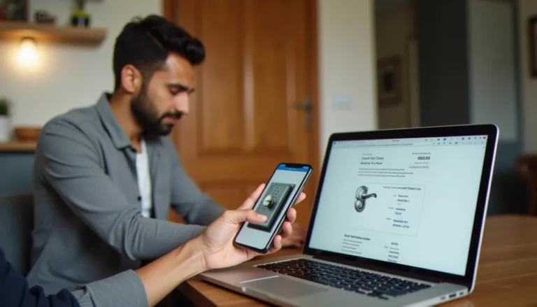 Un habitant lyonnais examine un devis serrurier en ligne sur son ordinateur avec la photo de sa serrure sur son téléphone