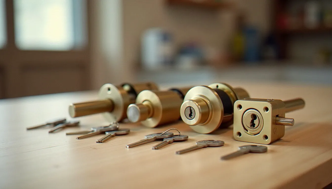 Comparaison de plusieurs types de serrures et de cylindres de porte posés sur un établi