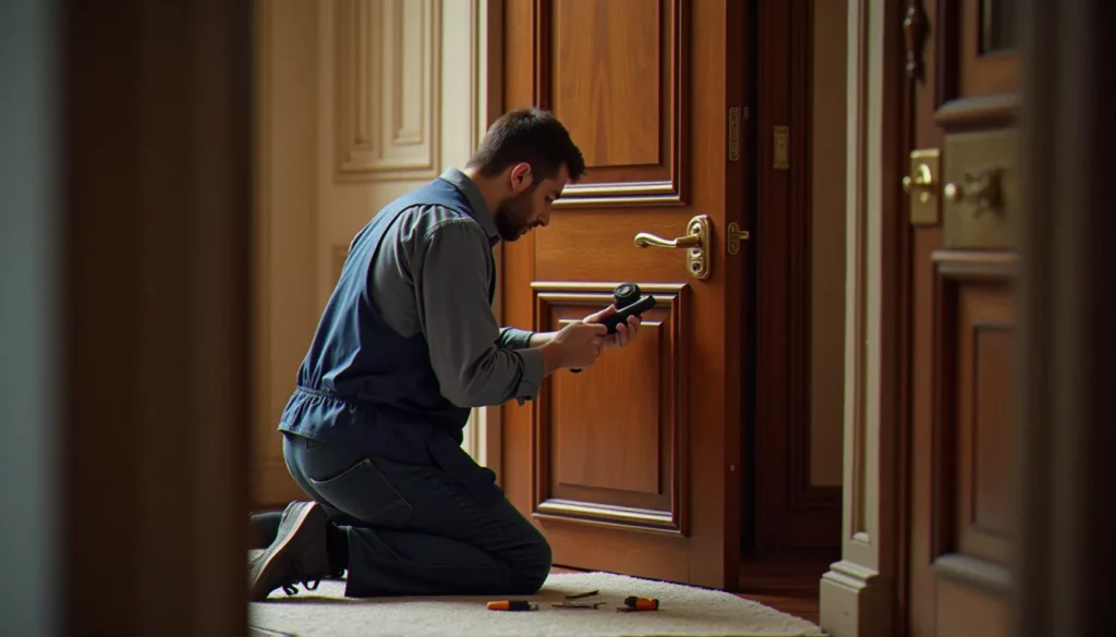Serrurier inspectant le cylindre d'une porte d'entrée dans un immeuble lyonnais, illustration de la serrurerie