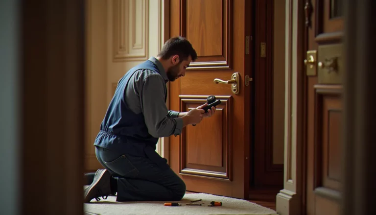 Serrurier inspectant le cylindre d'une porte d'entrée dans un immeuble lyonnais, illustration de la serrurerie