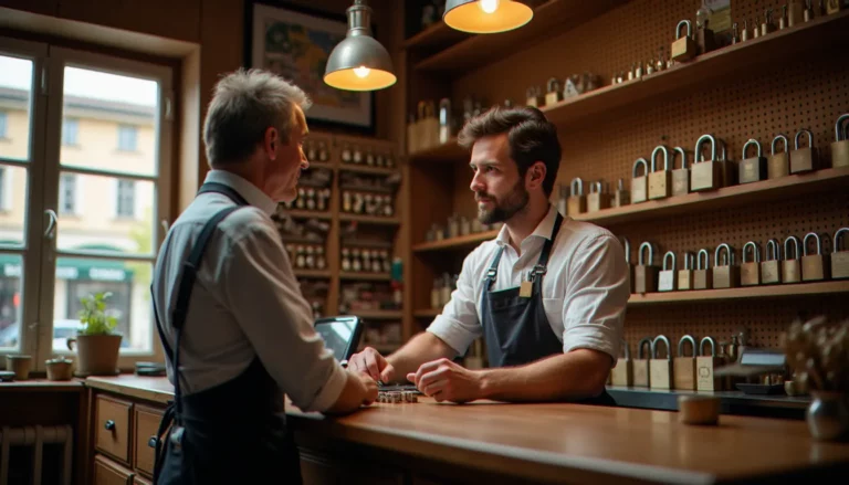 Intérieur d'un magasin serrurier avec cylindres, cadenas et clés exposés sur le comptoir et un vendeur conseillant un client
