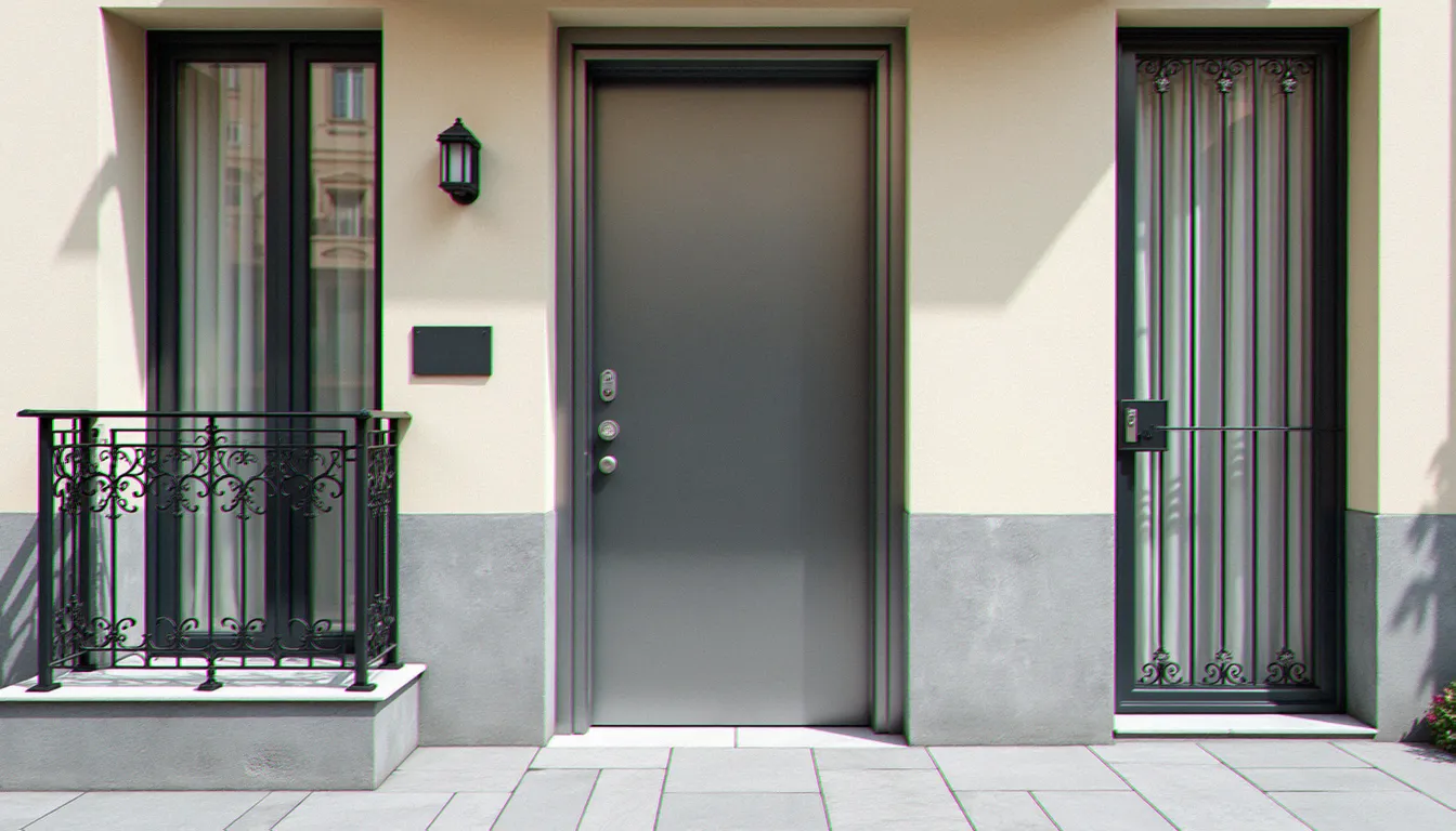 Ouvrages de métallerie serrurerie sur un immeuble : porte de sécurité en acier, garde-corps de balcon et portail métallique