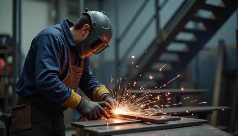 Artisan en métallerie serrurerie soudant un garde-corps en acier dans un atelier, avec une porte de sécurité en arrière-plan