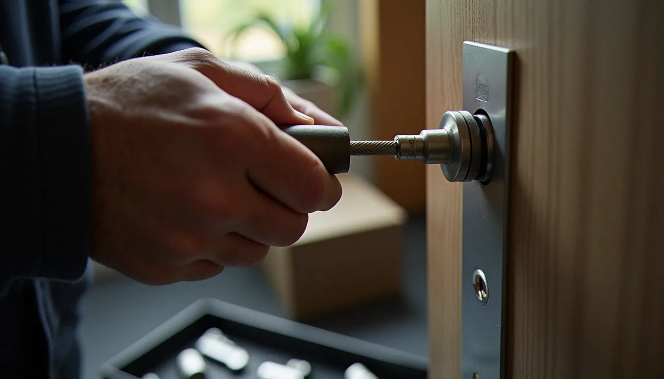 Mains d'un serrurier ouvrant une serrure avec un outil d'ouverture fine, à côté de cylindres de rechange