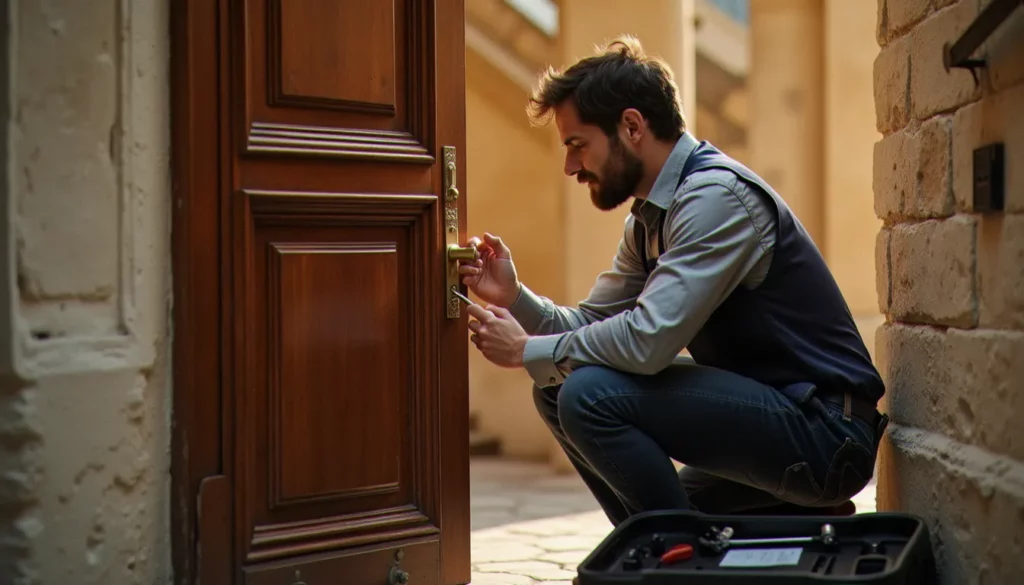 Serrurier inspectant le cylindre d'une porte d'entrée dans un immeuble lyonnais, illustrant le métier serrurier