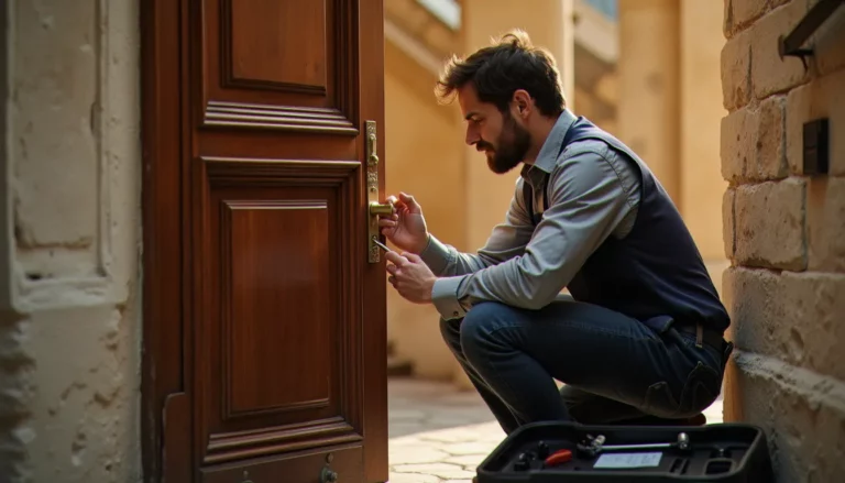 Serrurier inspectant le cylindre d'une porte d'entrée dans un immeuble lyonnais, illustrant le métier serrurier