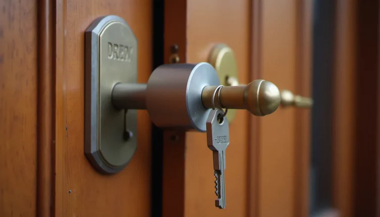 Clé insérée dans la serrure de porte d'une porte d'entrée en bois d'un immeuble ancien