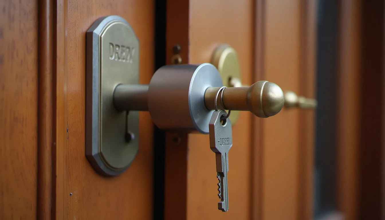 Clé insérée dans la serrure de porte d'une porte d'entrée en bois d'un immeuble ancien