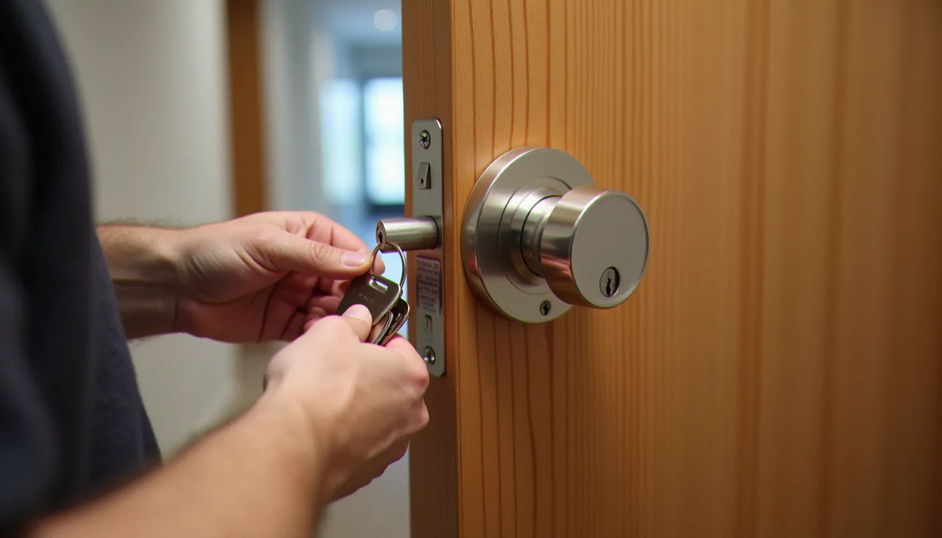 Serrurerie de porte : serrure multipoints et cylindre posés sur une porte d'entrée en bois, avec une main tenant une clé