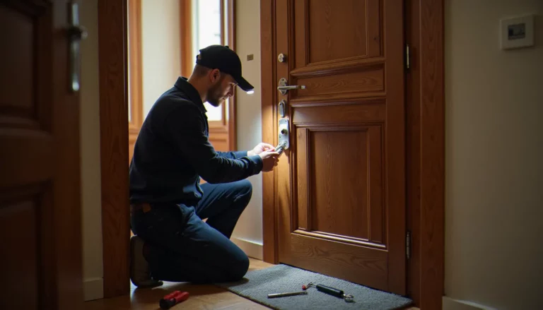 Serrurier inspectant le cylindre d'une porte d'appartement pour illustrer la serrurerie def et le métier de serrurier