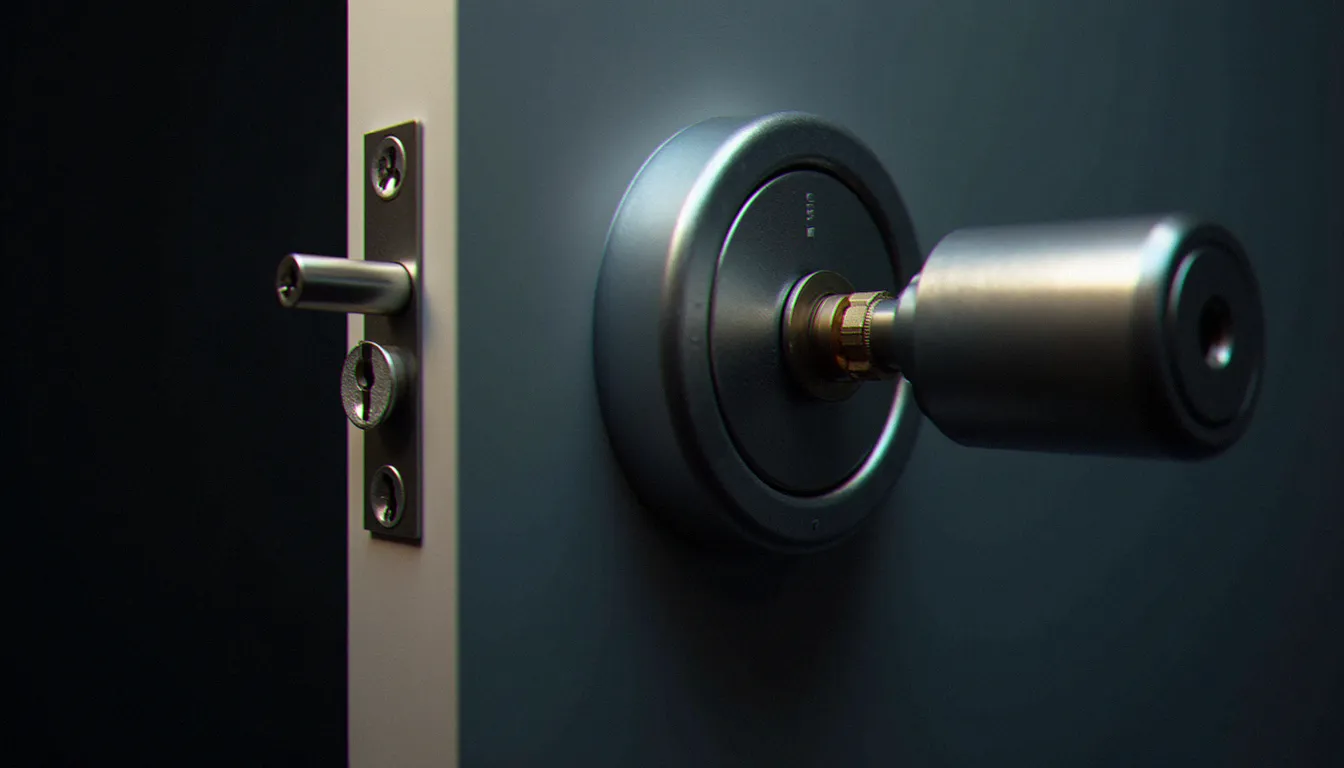 Serrure de porte haute sécurité avec clé insérée, vue rapprochée du mécanisme