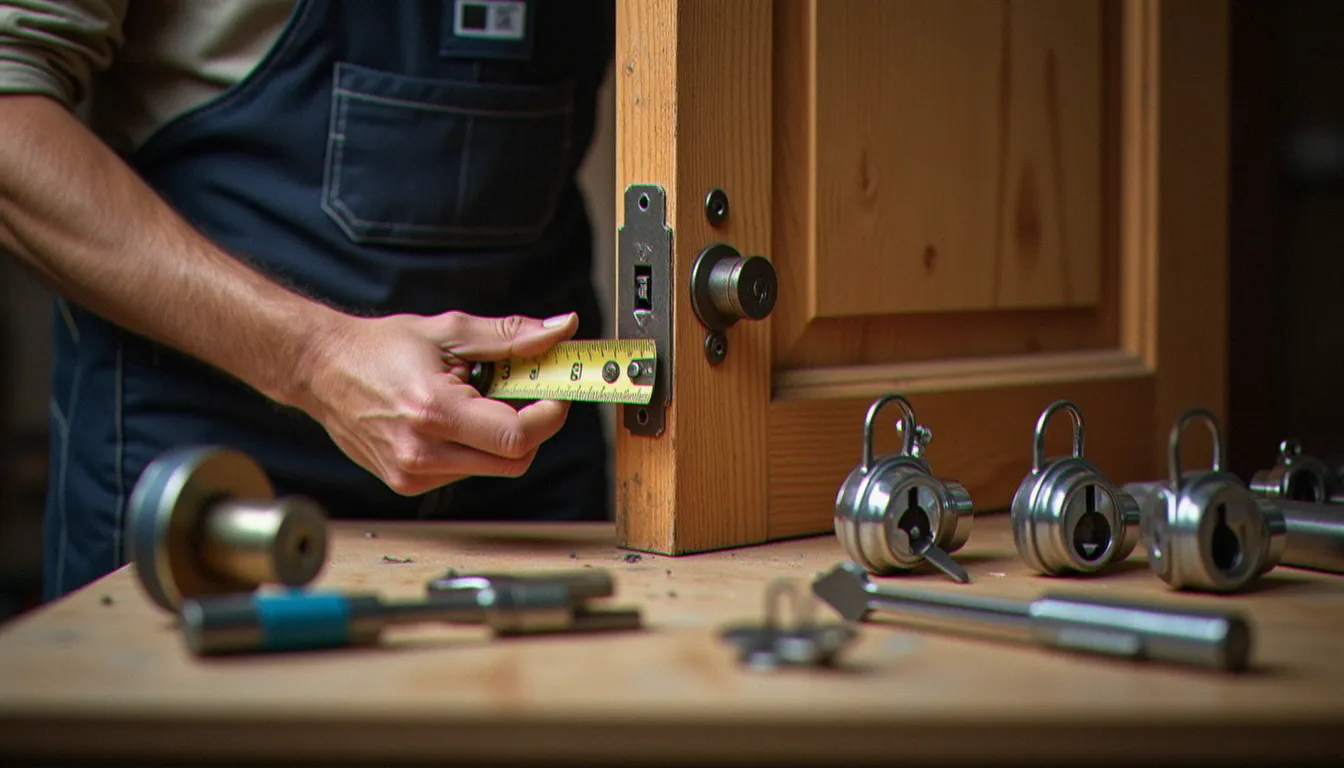 Serrurier mesurant l'entraxe d'une serrure sur la tranche d'une porte ouverte pour choisir le bon cylindre