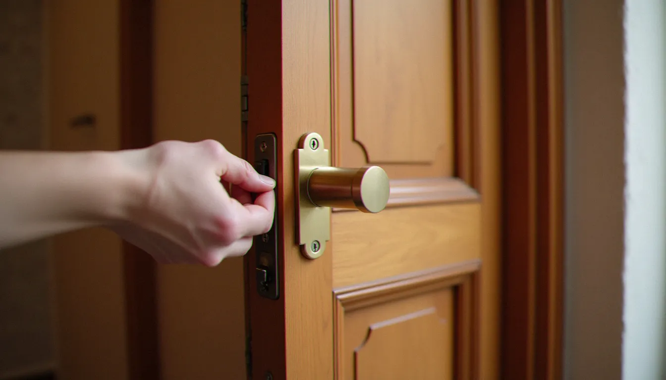 Main insérant une clé dans l'une des serrures de portes d'une porte d'entrée en bois d'un immeuble lyonnais