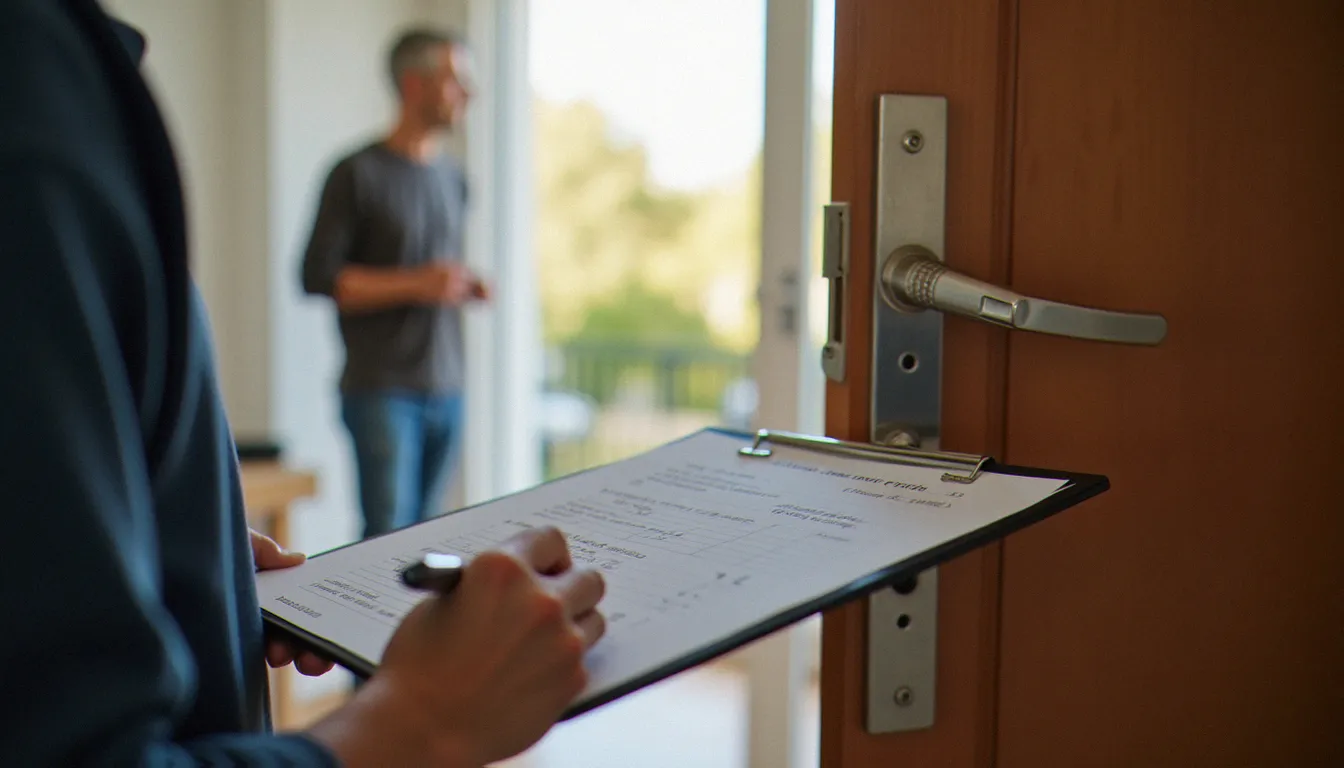 Serrurier remettant un devis écrit à un habitant devant la porte de son appartement avant de commencer l'intervention