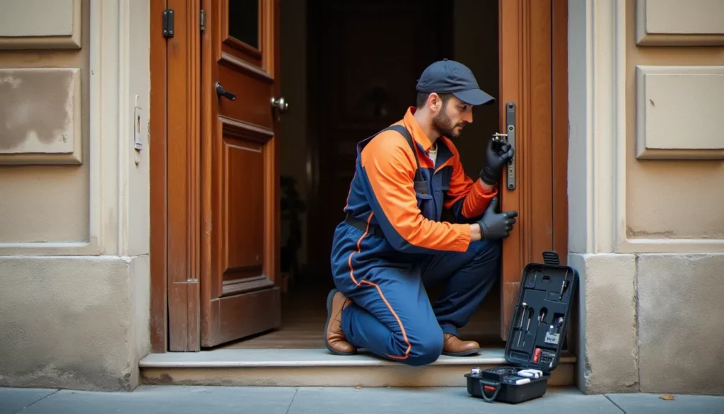Un serrurier Lyon examinant la serrure d'une porte d'immeuble ancien avec sa trousse d'outils ouverte