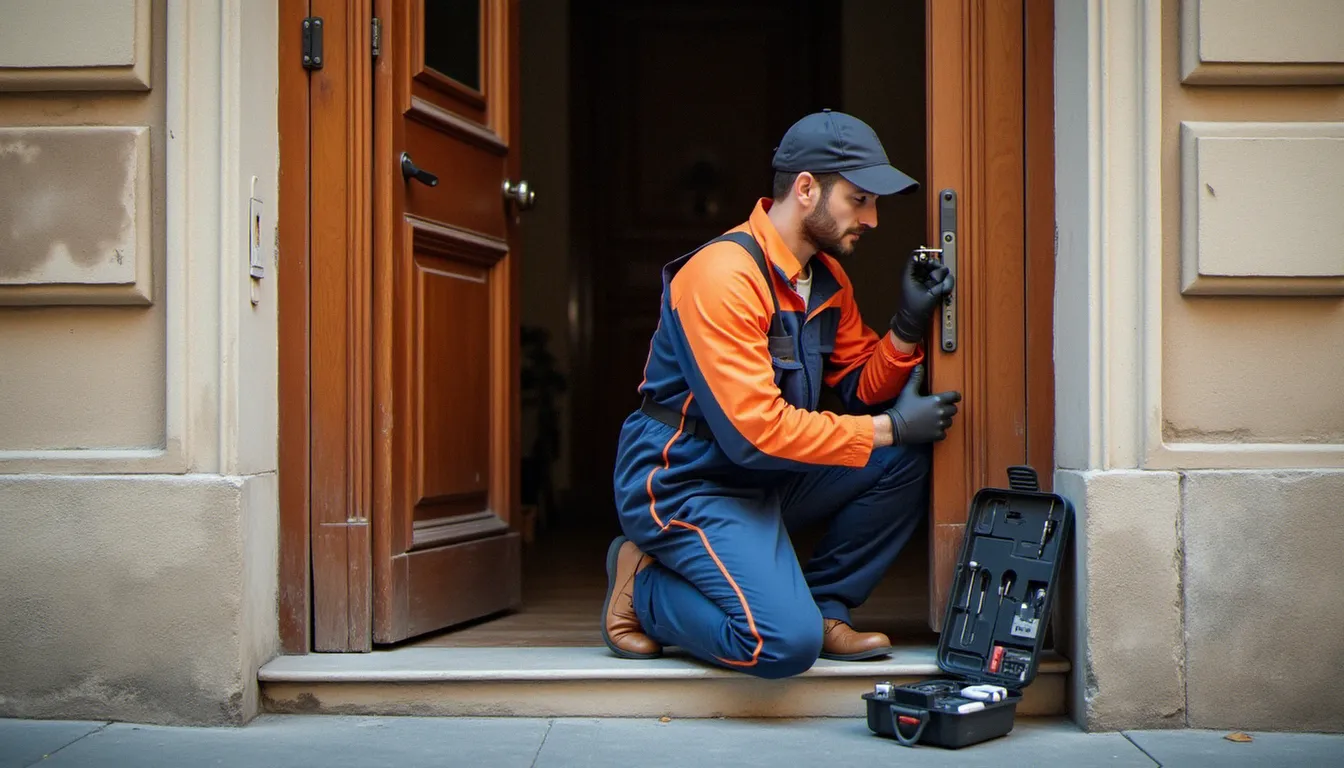 Un serrurier Lyon examinant la serrure d'une porte d'immeuble ancien avec sa trousse d'outils ouverte