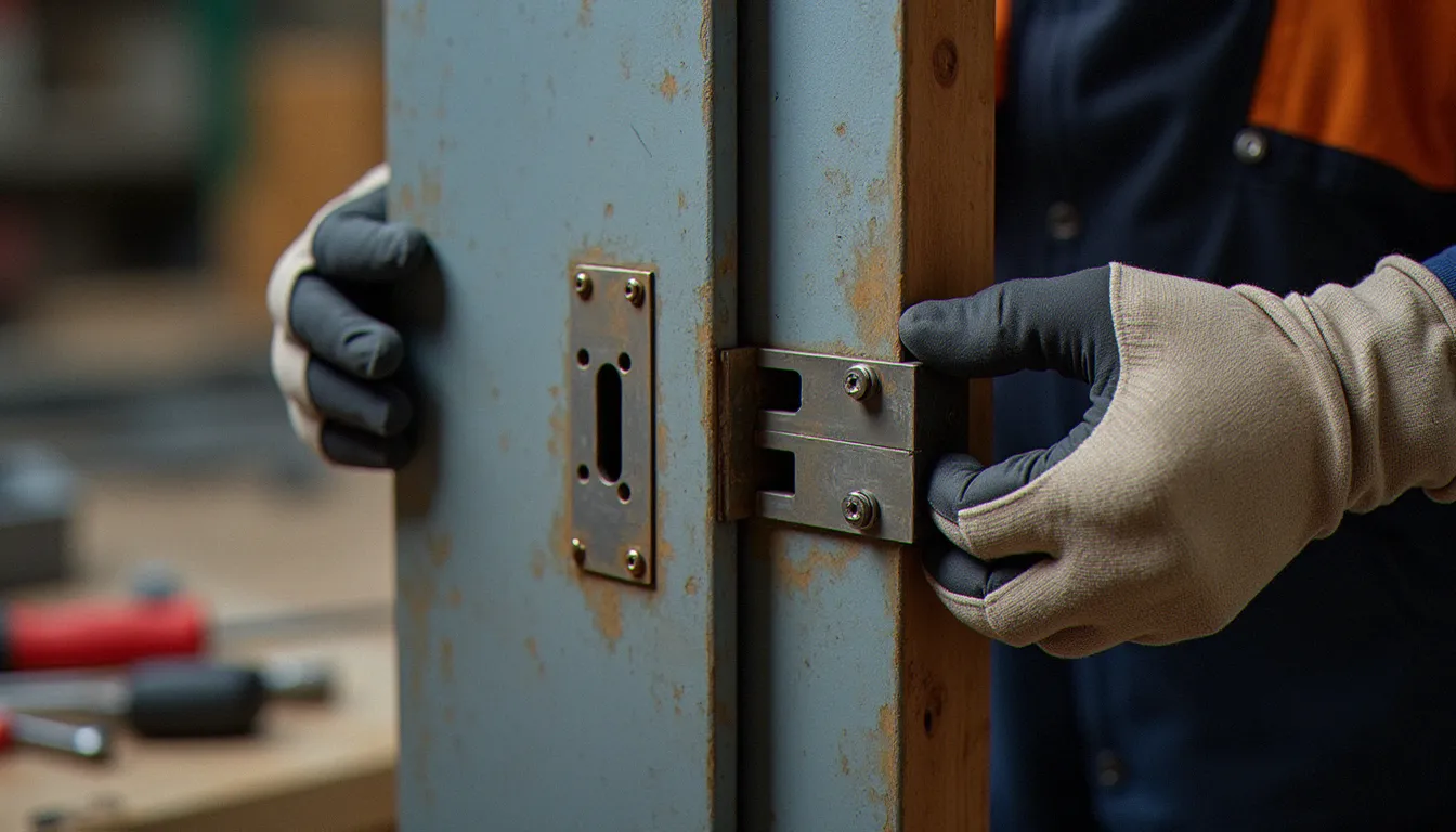 Montant de porte métallique déformé après une tentative d'effraction, avec une plaque de renfort prête à être soudée