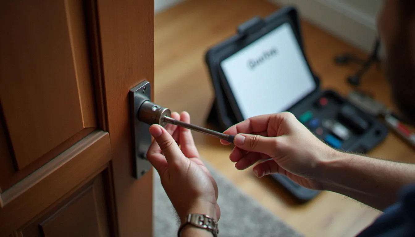 Mains d'un serrurier ouvrant une serrure de porte claquée avec un outil fin, sans casse, lors d'une intervention de dépannage