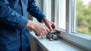 Serrurier professionnel installant un système biason serres castet sur une fenêtre PVC blanche lors d'une intervention à Lyon