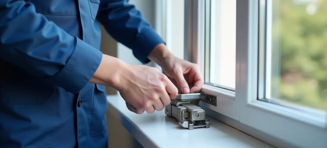 Serrurier professionnel installant un système biason serres castet sur une fenêtre PVC blanche lors d'une intervention à Lyon